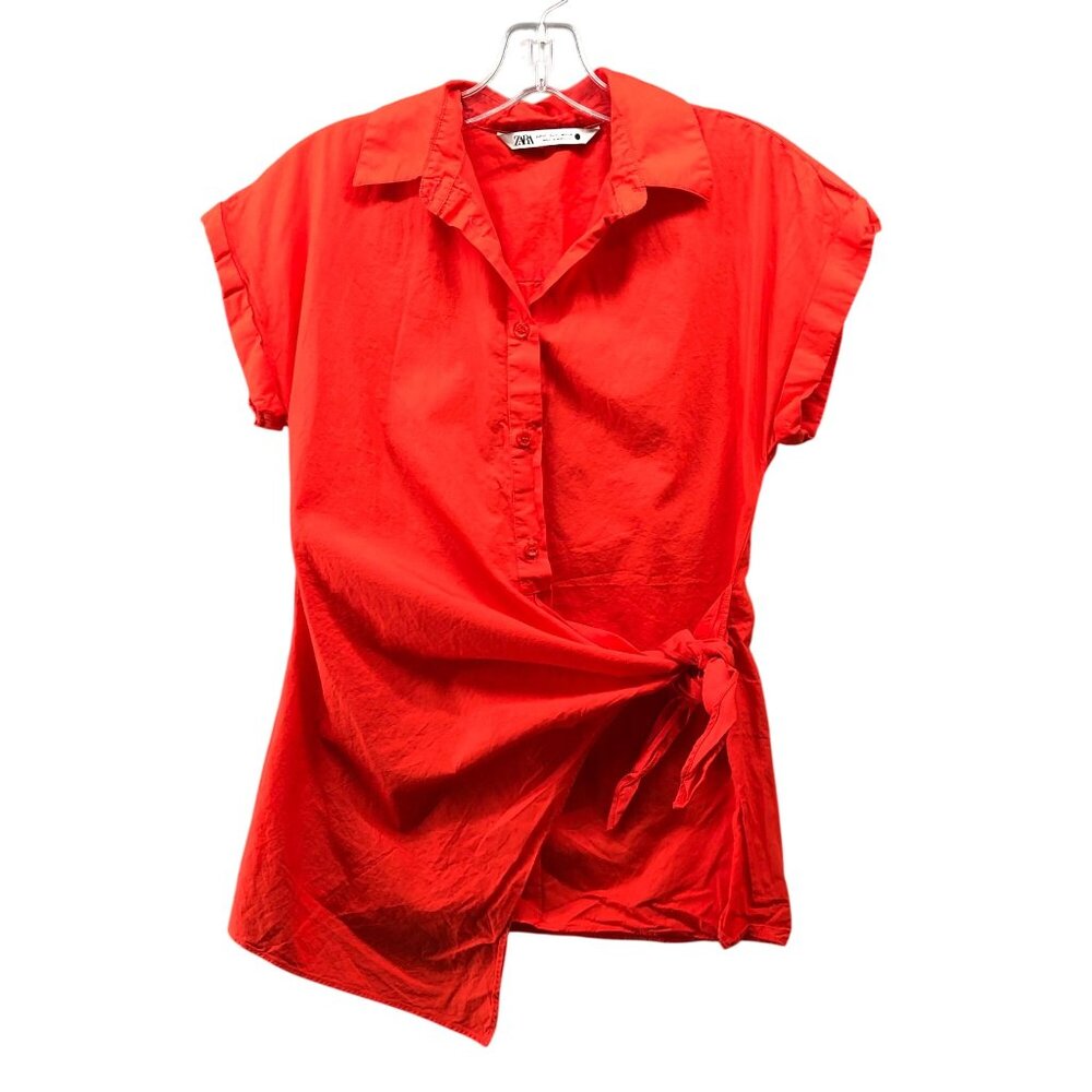 Zara Asymmetric‎ Poplin Shirt Womens XS Red Short Sleeve Popover Button Front